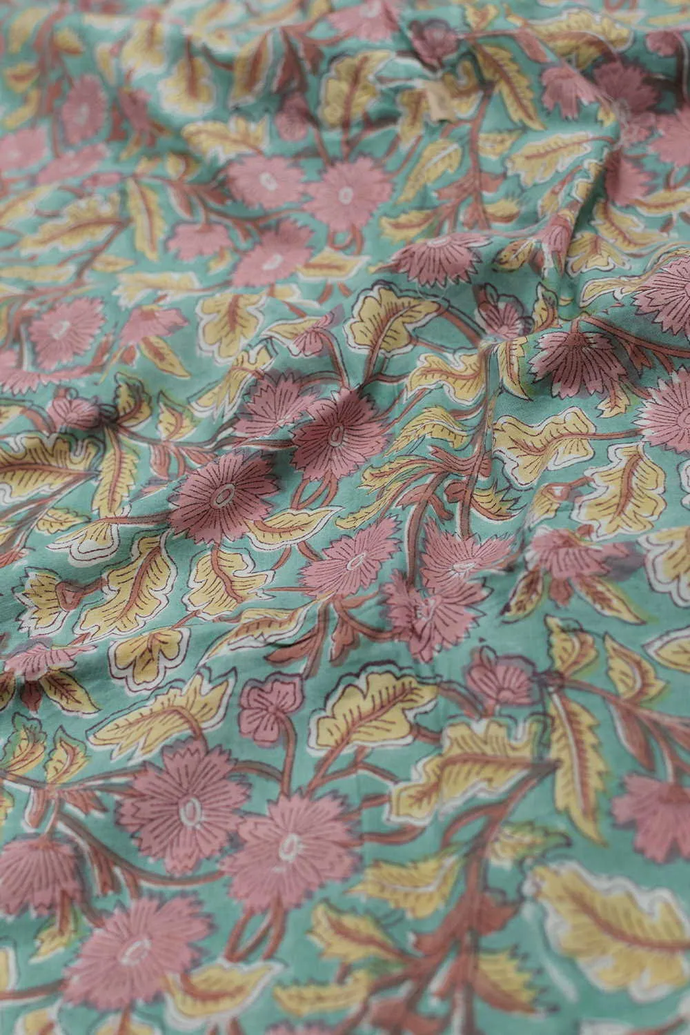 Peach Florals on Green Sanganeri Cotton Fabric-1.85 m