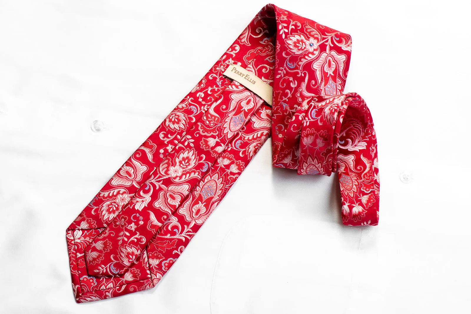 Perry Ellis Rhinestone Silk Necktie Floral Acanthus on Red