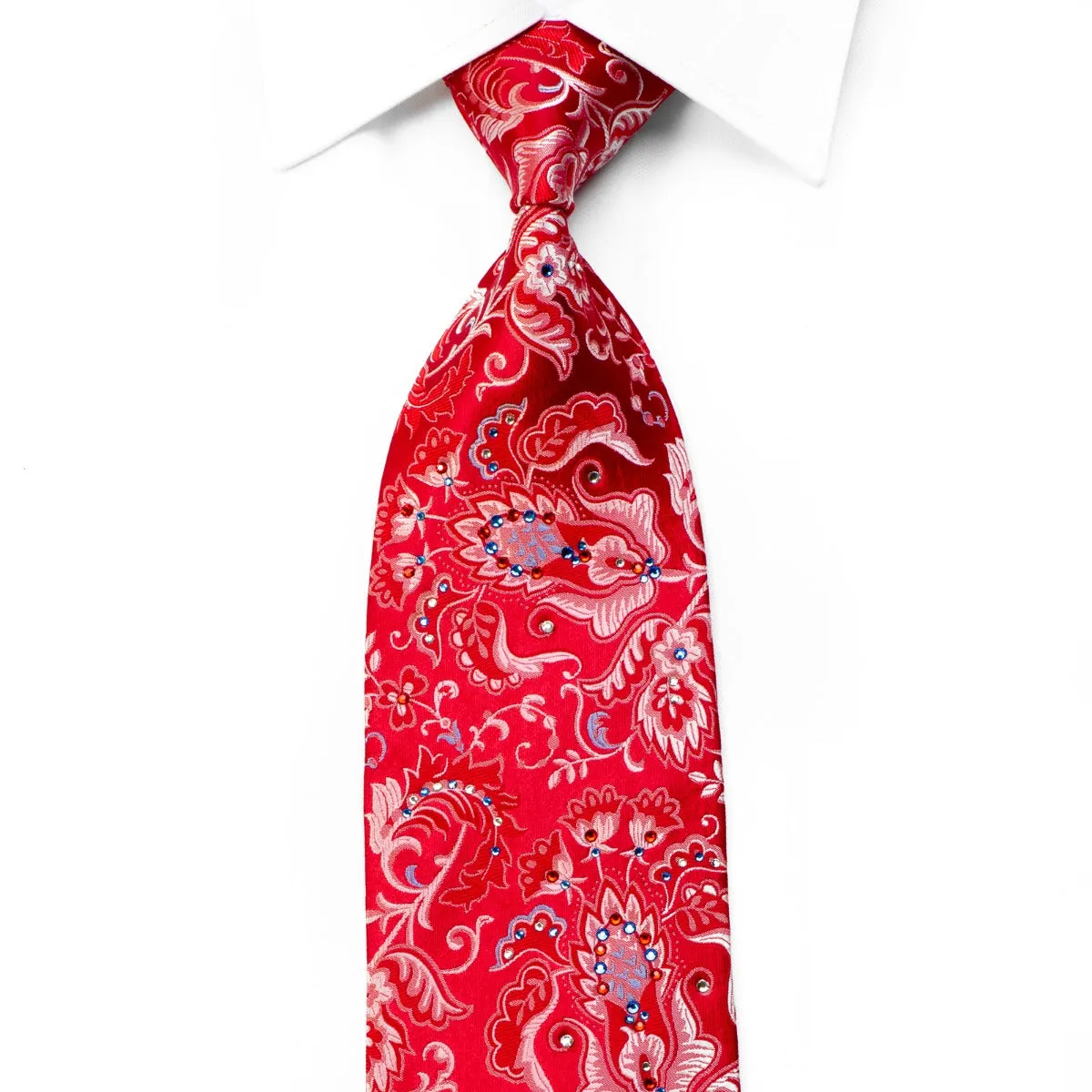 Perry Ellis Rhinestone Silk Necktie Floral Acanthus on Red