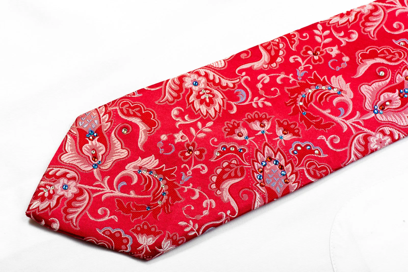 Perry Ellis Rhinestone Silk Necktie Floral Acanthus on Red