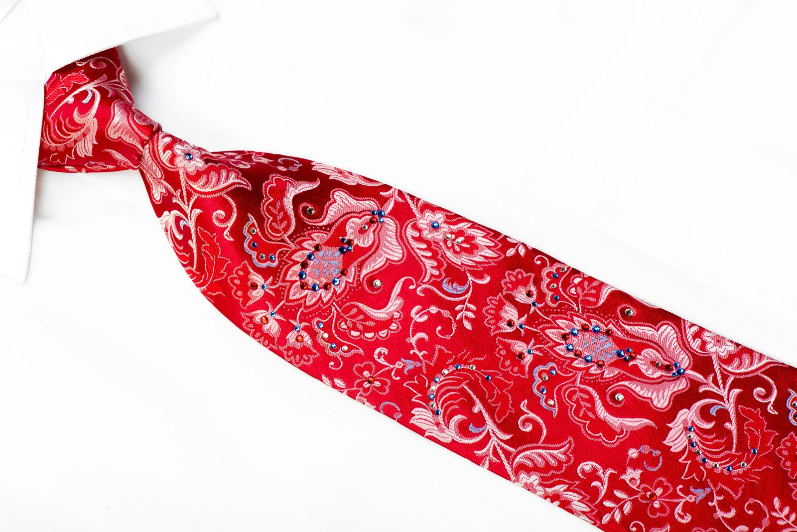 Perry Ellis Rhinestone Silk Necktie Floral Acanthus on Red