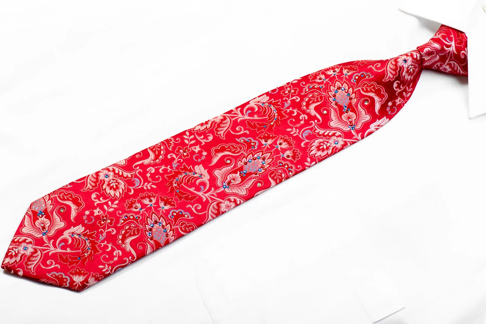 Perry Ellis Rhinestone Silk Necktie Floral Acanthus on Red