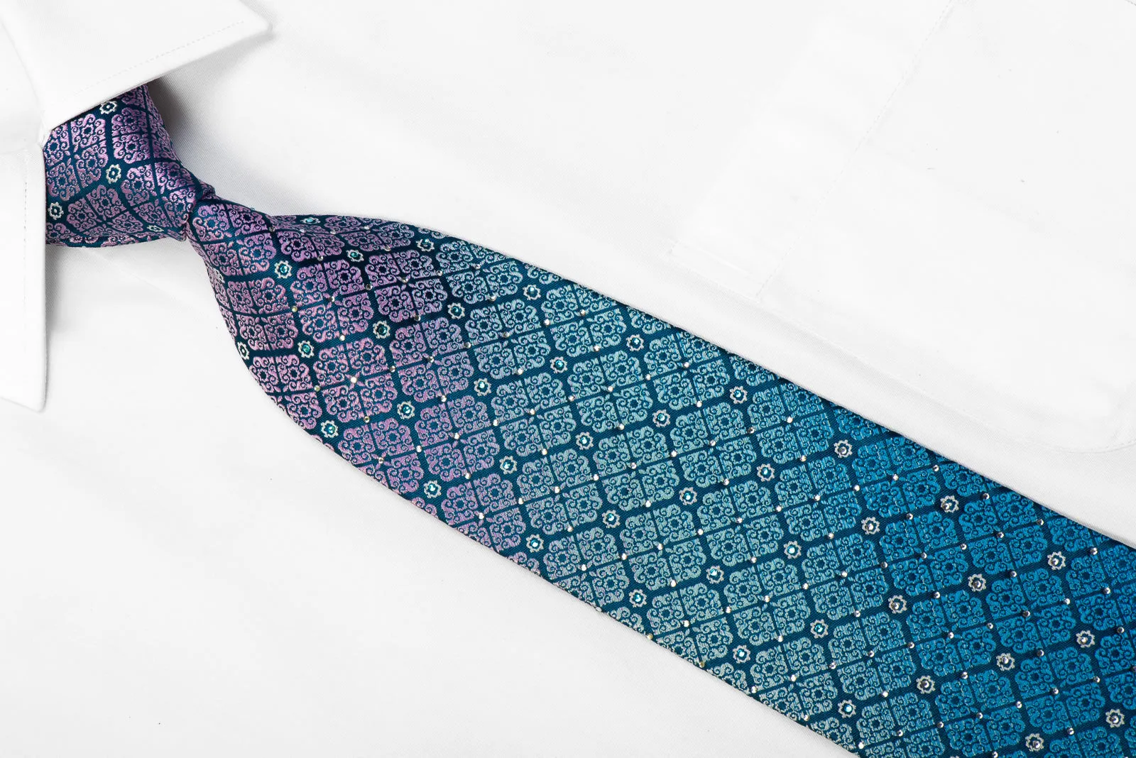 Perry Ellis Rhinestone Silk Tie Mauve Turquoise Cartouche On Teal