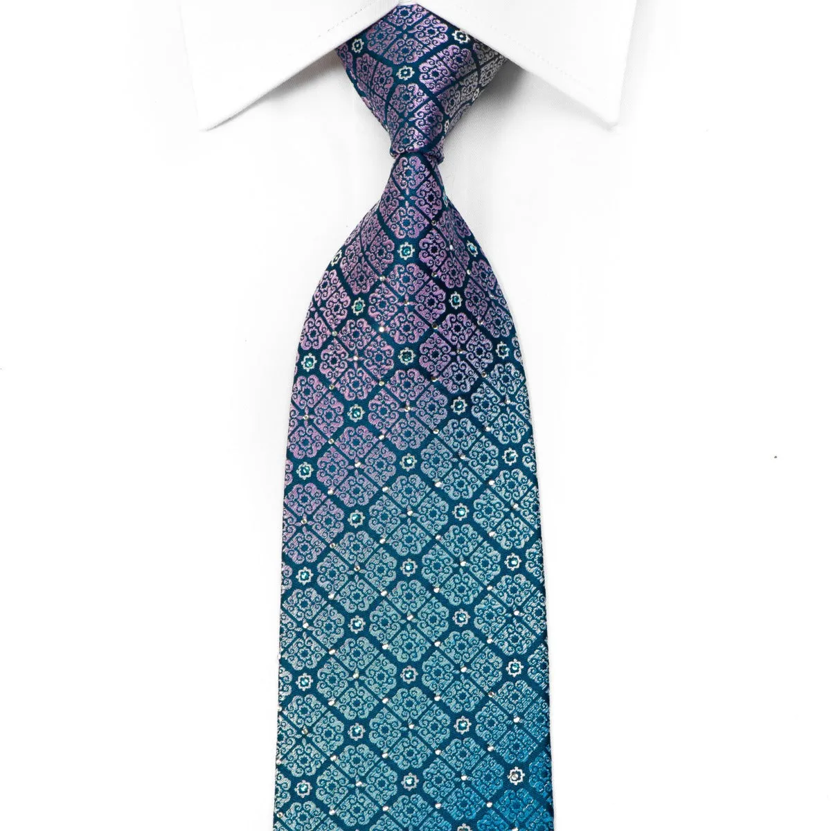 Perry Ellis Rhinestone Silk Tie Mauve Turquoise Cartouche On Teal