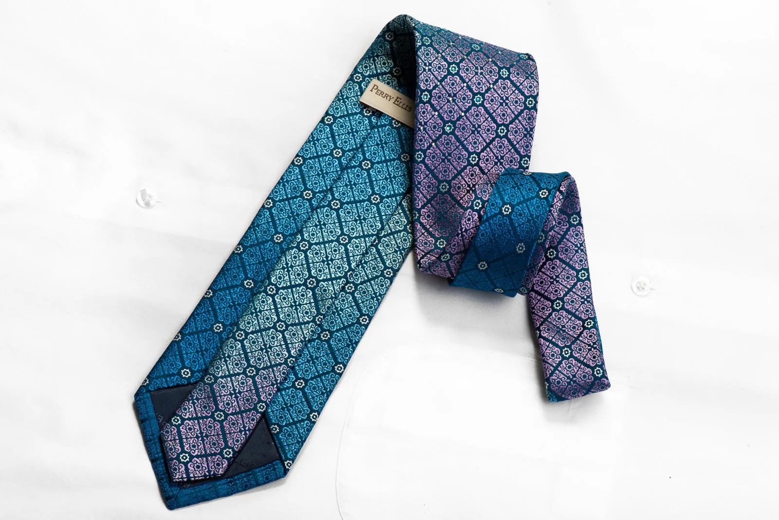 Perry Ellis Rhinestone Silk Tie Mauve Turquoise Cartouche On Teal