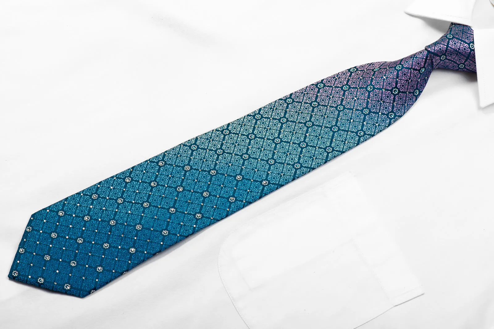 Perry Ellis Rhinestone Silk Tie Mauve Turquoise Cartouche On Teal