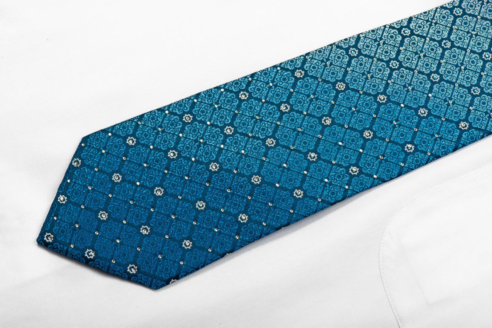 Perry Ellis Rhinestone Silk Tie Mauve Turquoise Cartouche On Teal