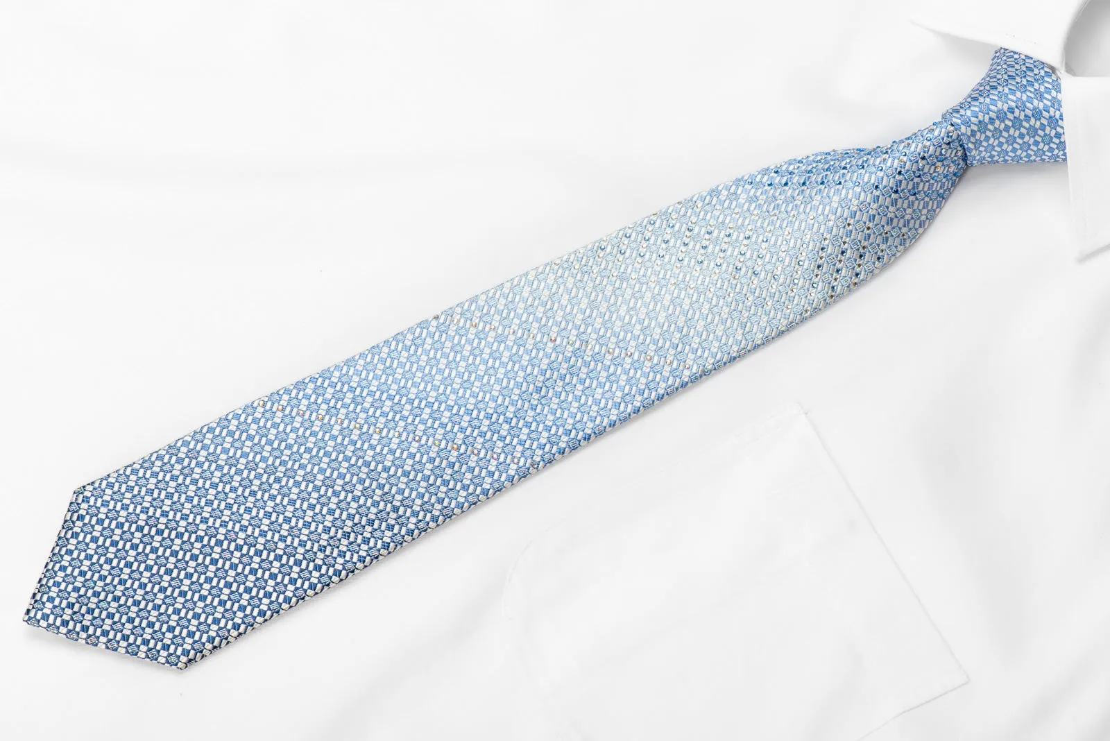 Pierre Cardin Men's Crystal Silk Tie Blue Micro Checker On White With Silver Sparkles