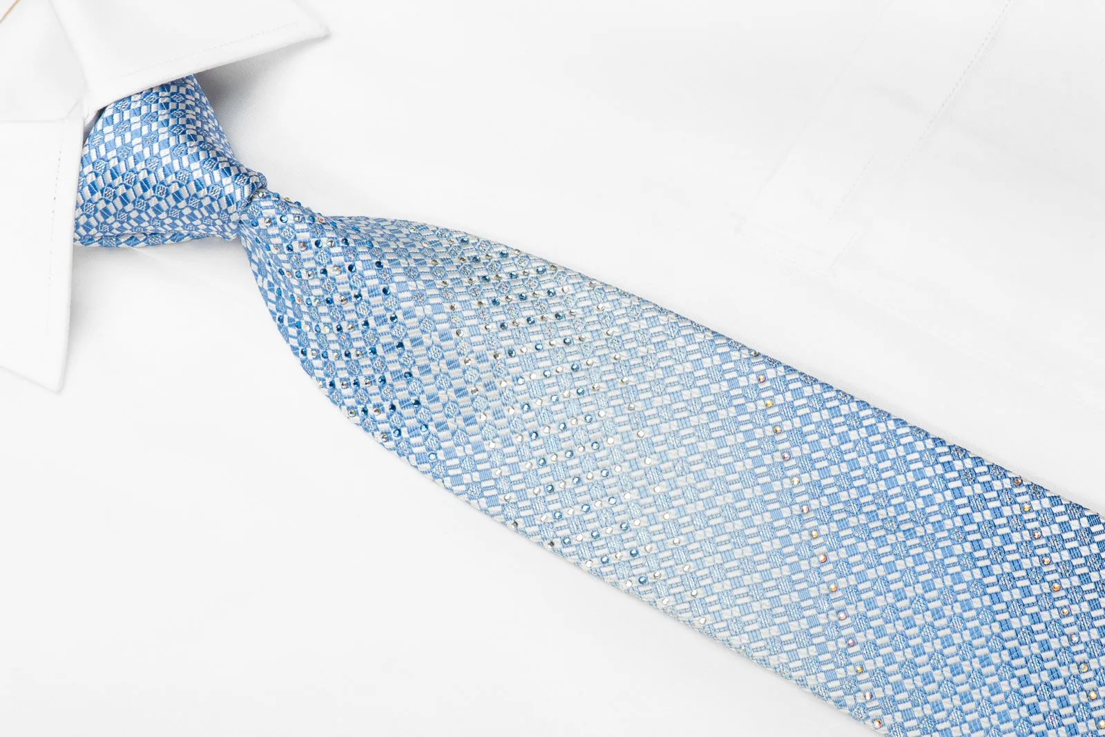 Pierre Cardin Men's Crystal Silk Tie Blue Micro Checker On White With Silver Sparkles