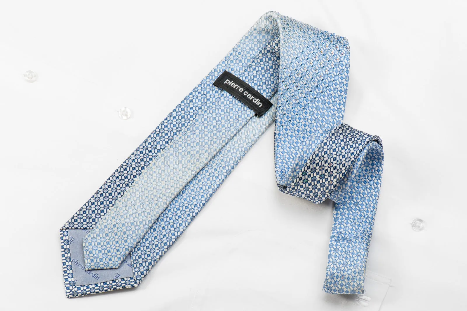 Pierre Cardin Men's Crystal Silk Tie Blue Micro Checker On White With Silver Sparkles