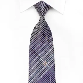 Pierre Cardin Men's Crystal Silk Tie Purple Silver Striped On Black With Silver Sparkles