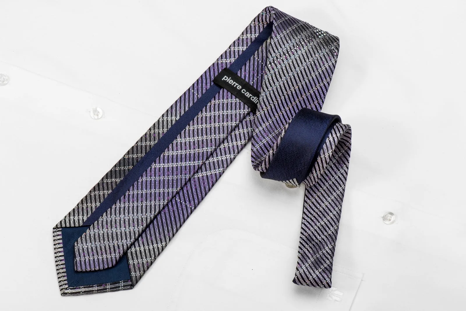 Pierre Cardin Men's Crystal Silk Tie Purple Silver Striped On Black With Silver Sparkles