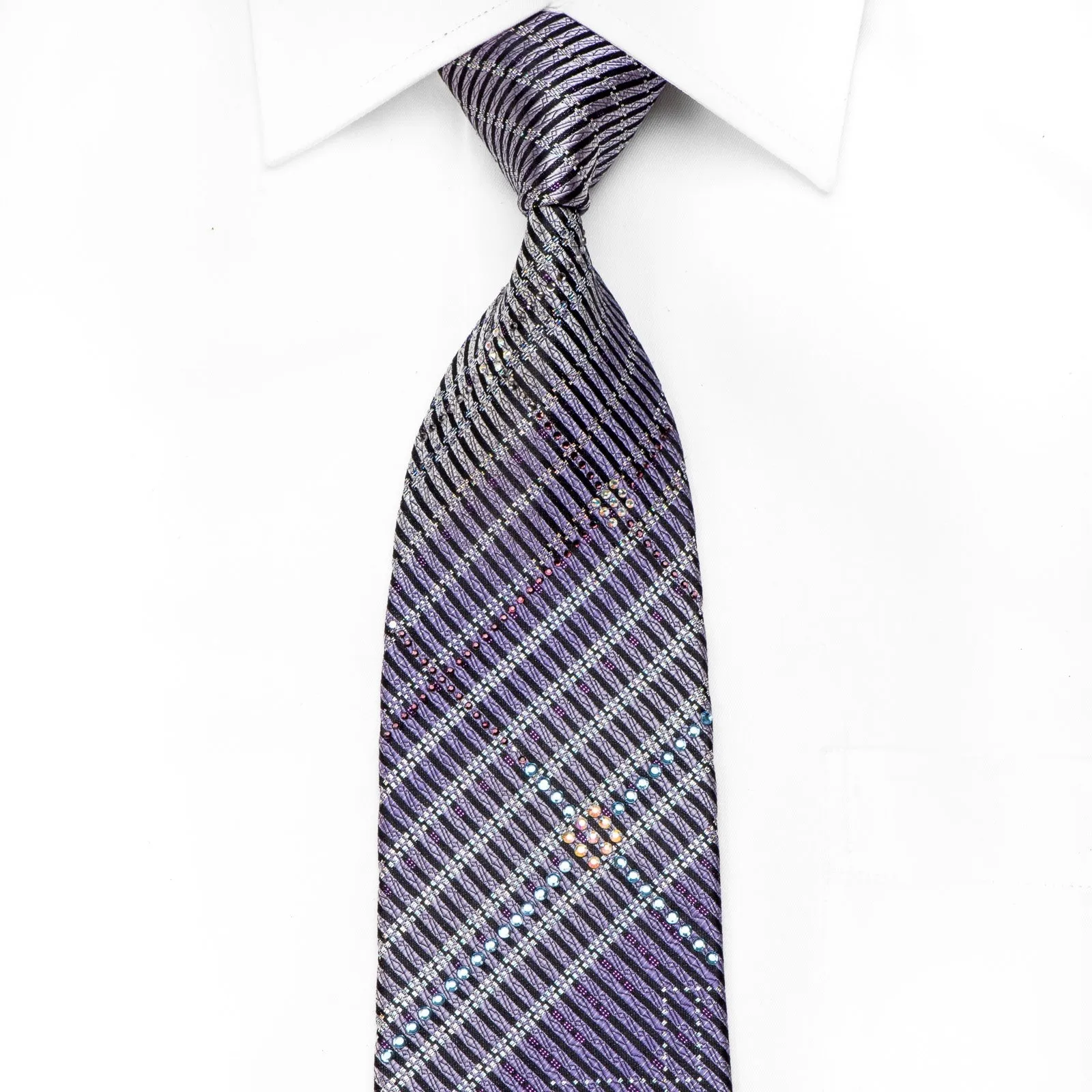 Pierre Cardin Men's Crystal Silk Tie Purple Silver Striped On Black With Silver Sparkles