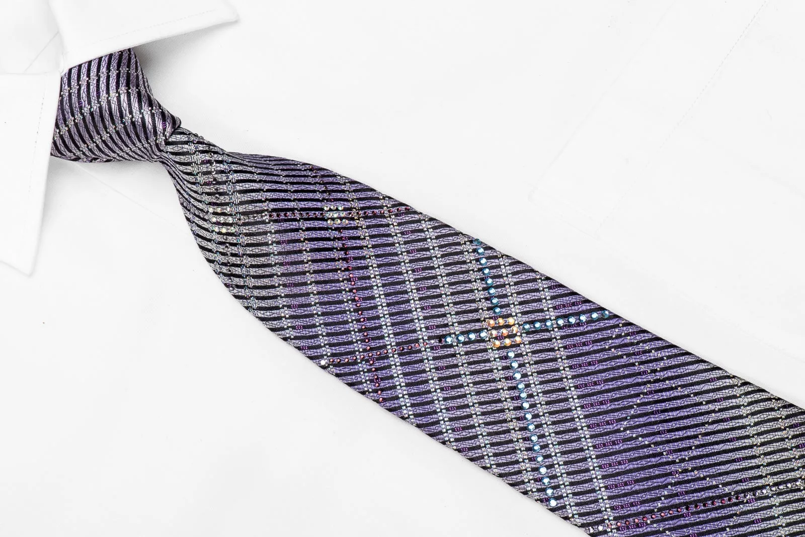 Pierre Cardin Men's Crystal Silk Tie Purple Silver Striped On Black With Silver Sparkles