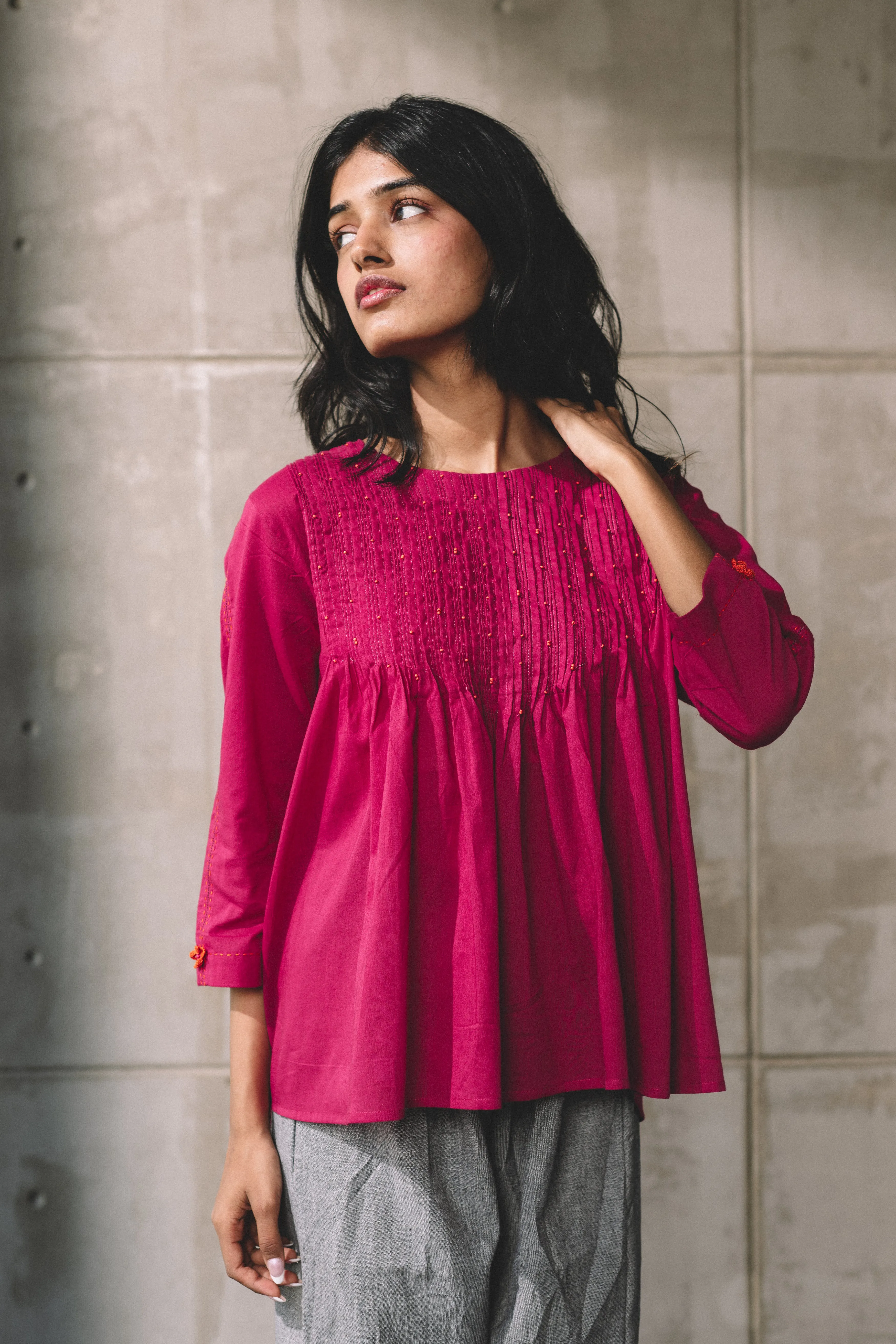 Pink Pintucked Mul Cotton Top