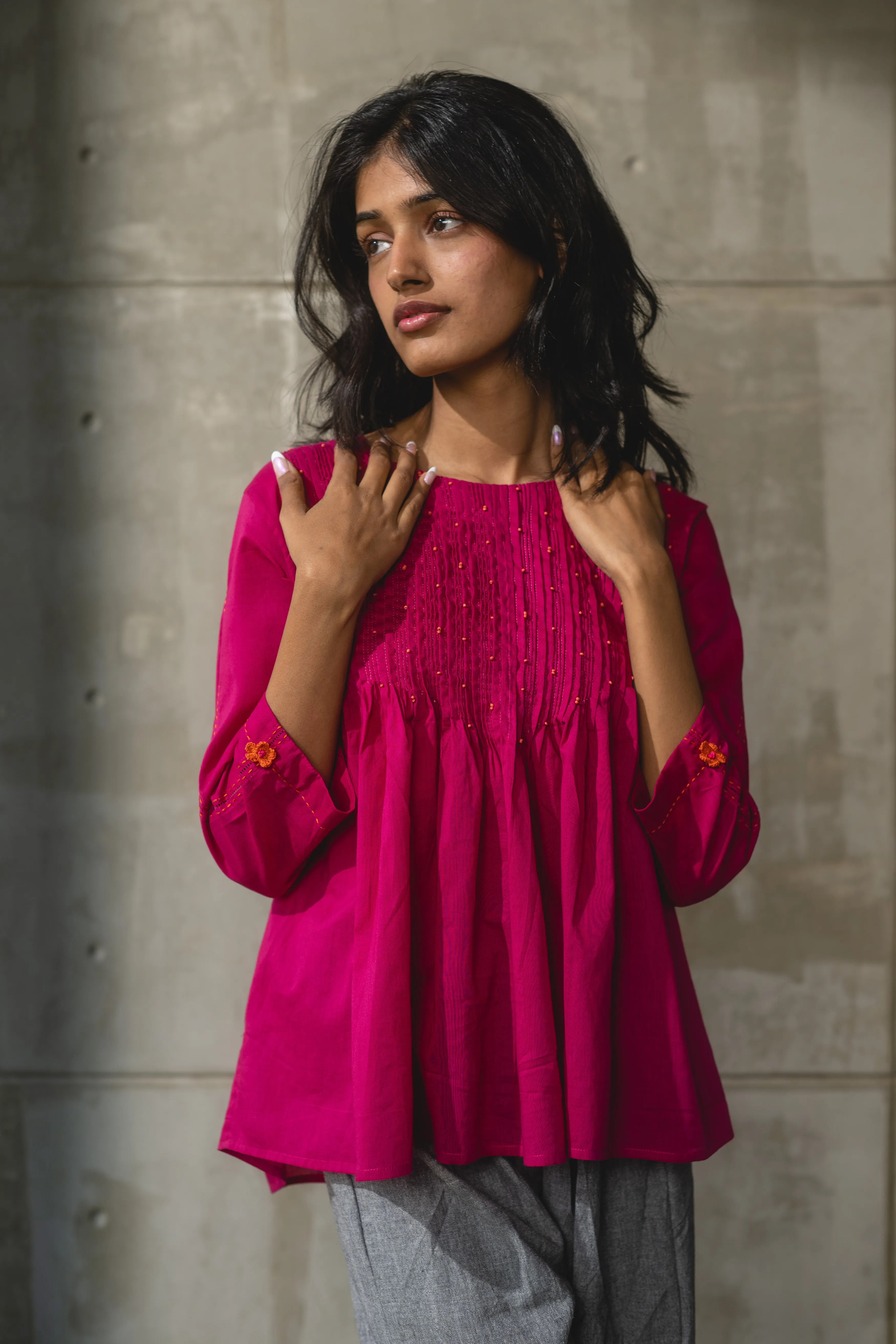 Pink Pintucked Mul Cotton Top