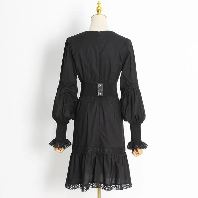 Puff Sleeve Ruffled Waist V Neck Dress