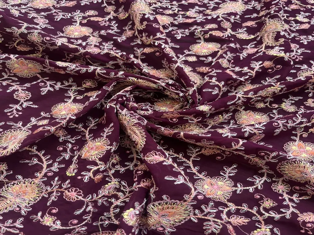 Purple Floral Heavy Embroidered Kashmiri Work Georgette Fabric (Wholesale)