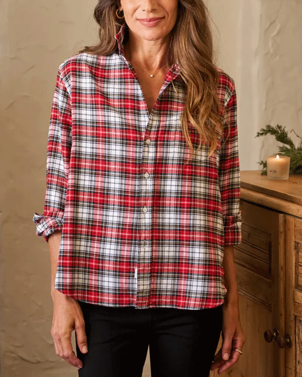 Red and Black with White Plaid Relaxed Button Up Shirt