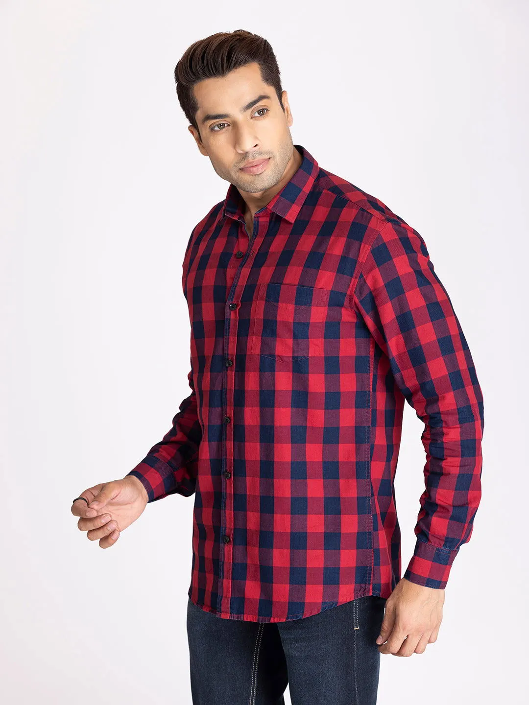 red and blue indigo check shirts