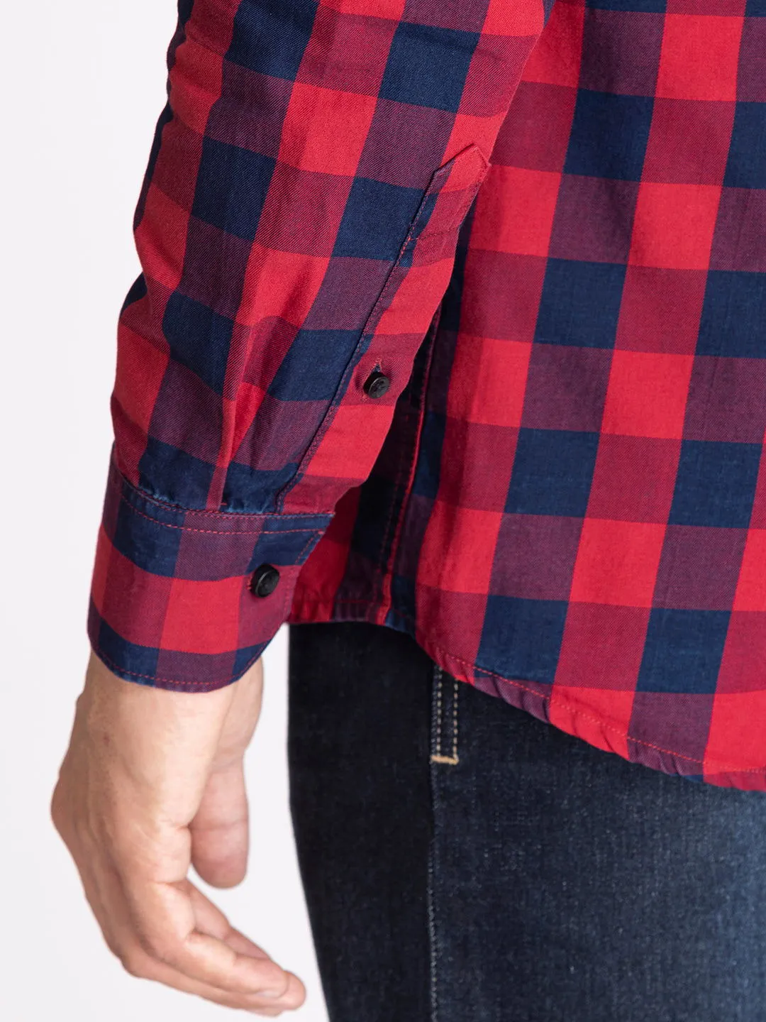 red and blue indigo check shirts