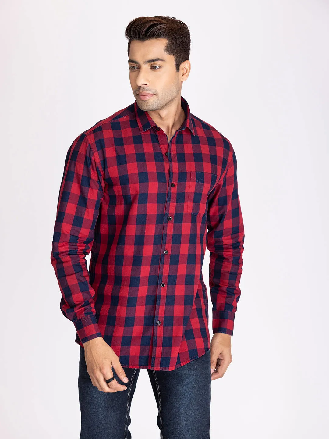 red and blue indigo check shirts