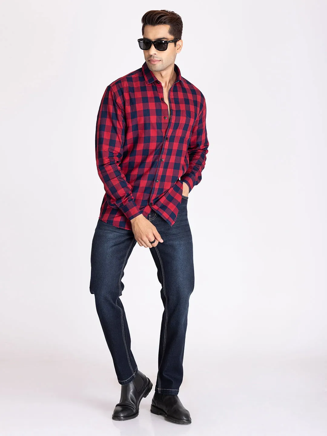 red and blue indigo check shirts