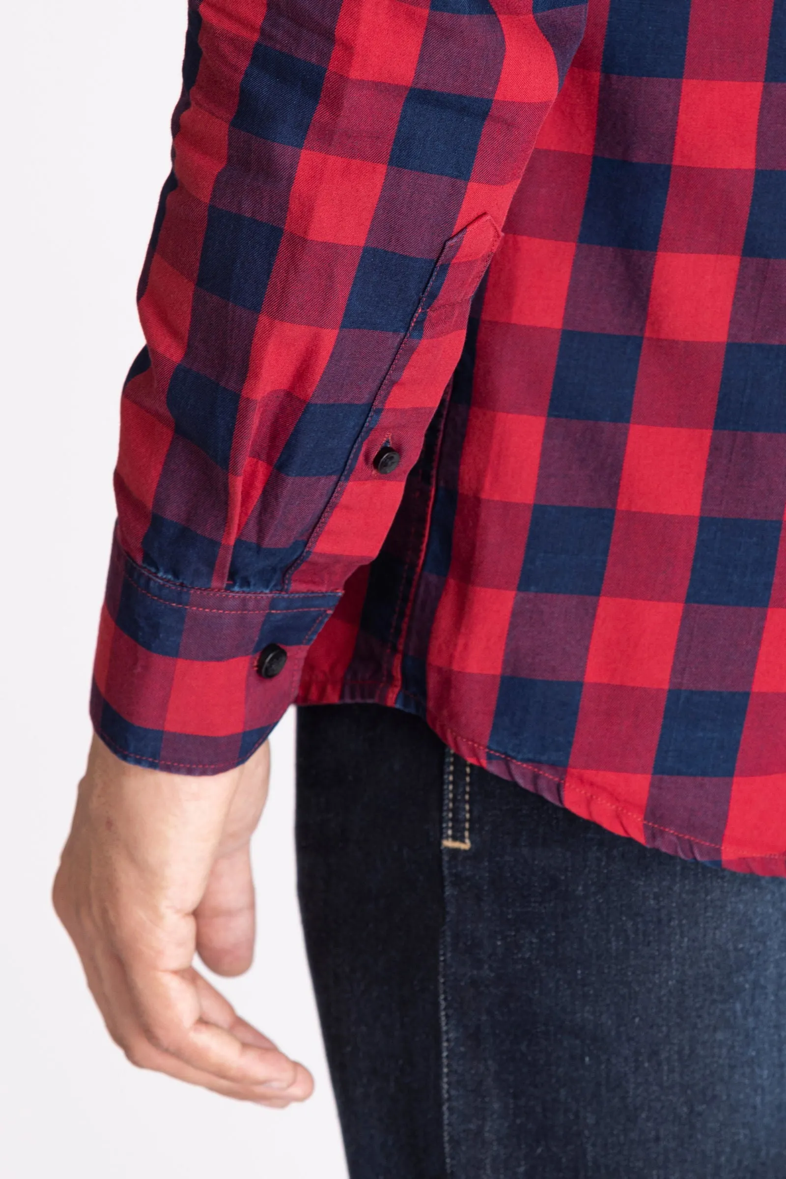 red and blue indigo check shirts