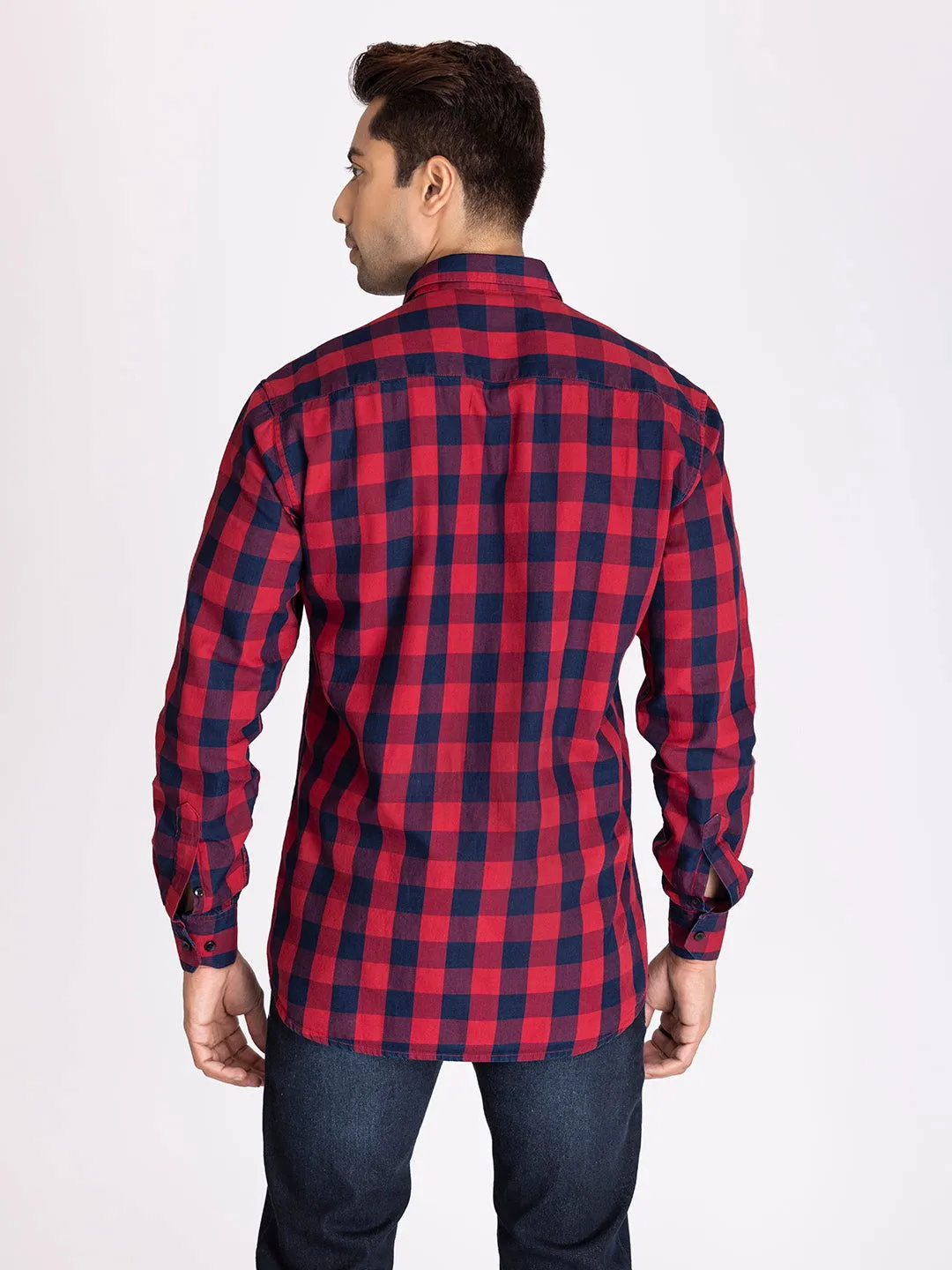 red and blue indigo check shirts