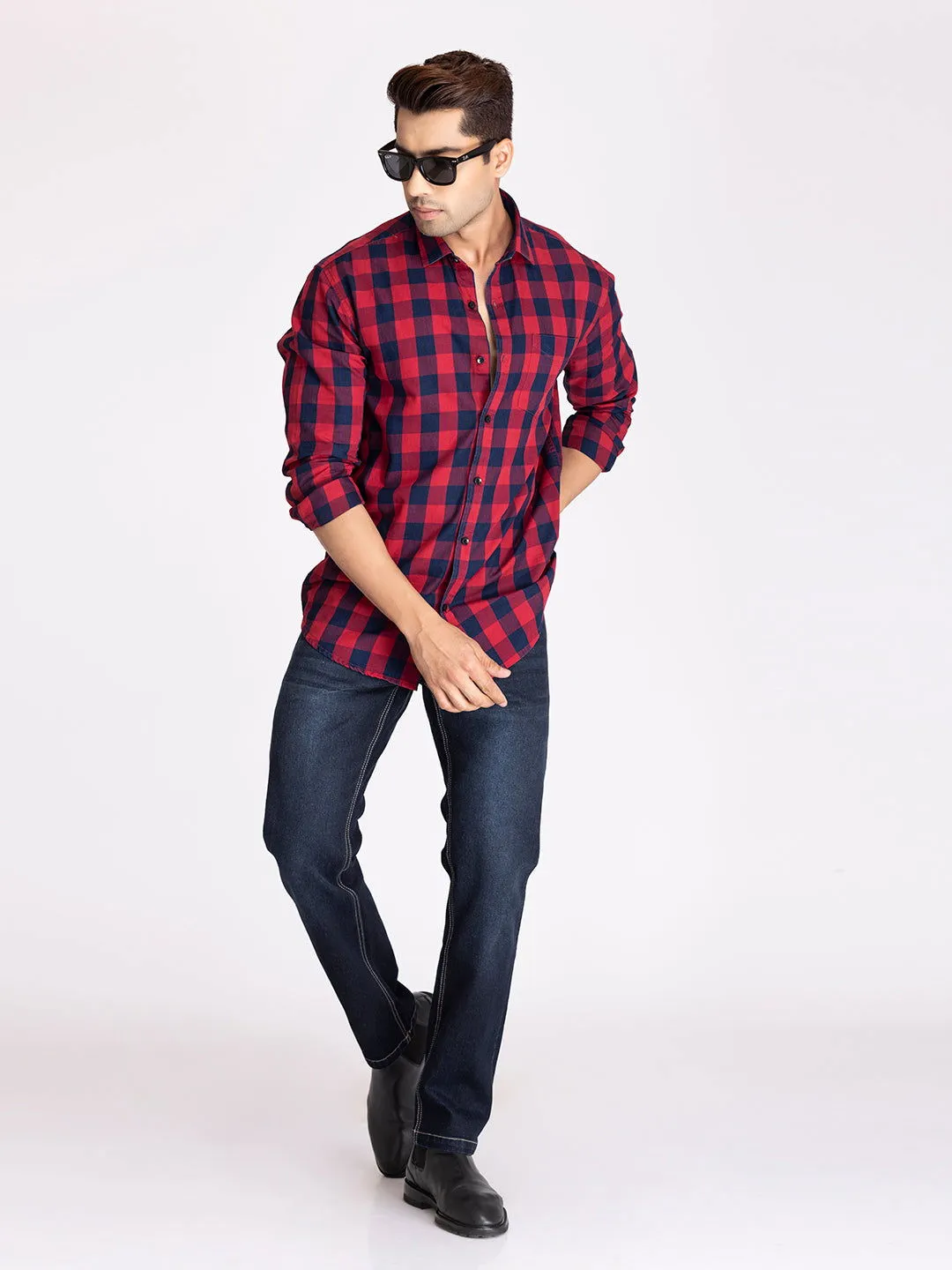 red and blue indigo check shirts