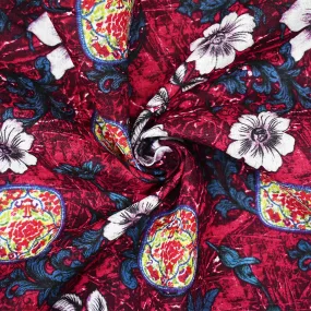 Red-Blue-Purple Floral Leaf Art Printed Linen Woven Fabric