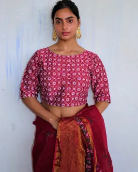 Red Floral Block Printed Chanderi Blouse-Soni