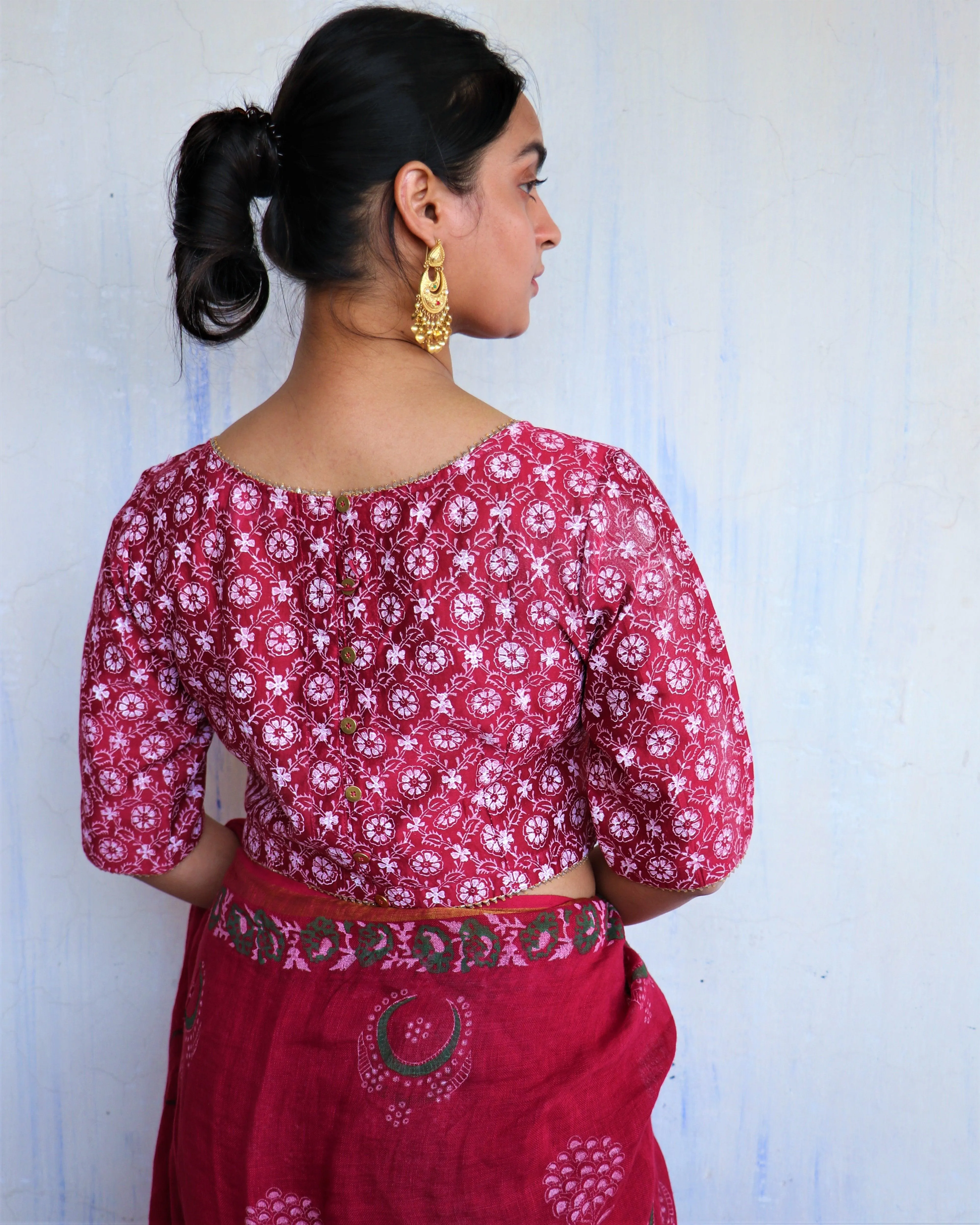 Red Floral Block Printed Chanderi Blouse-Soni