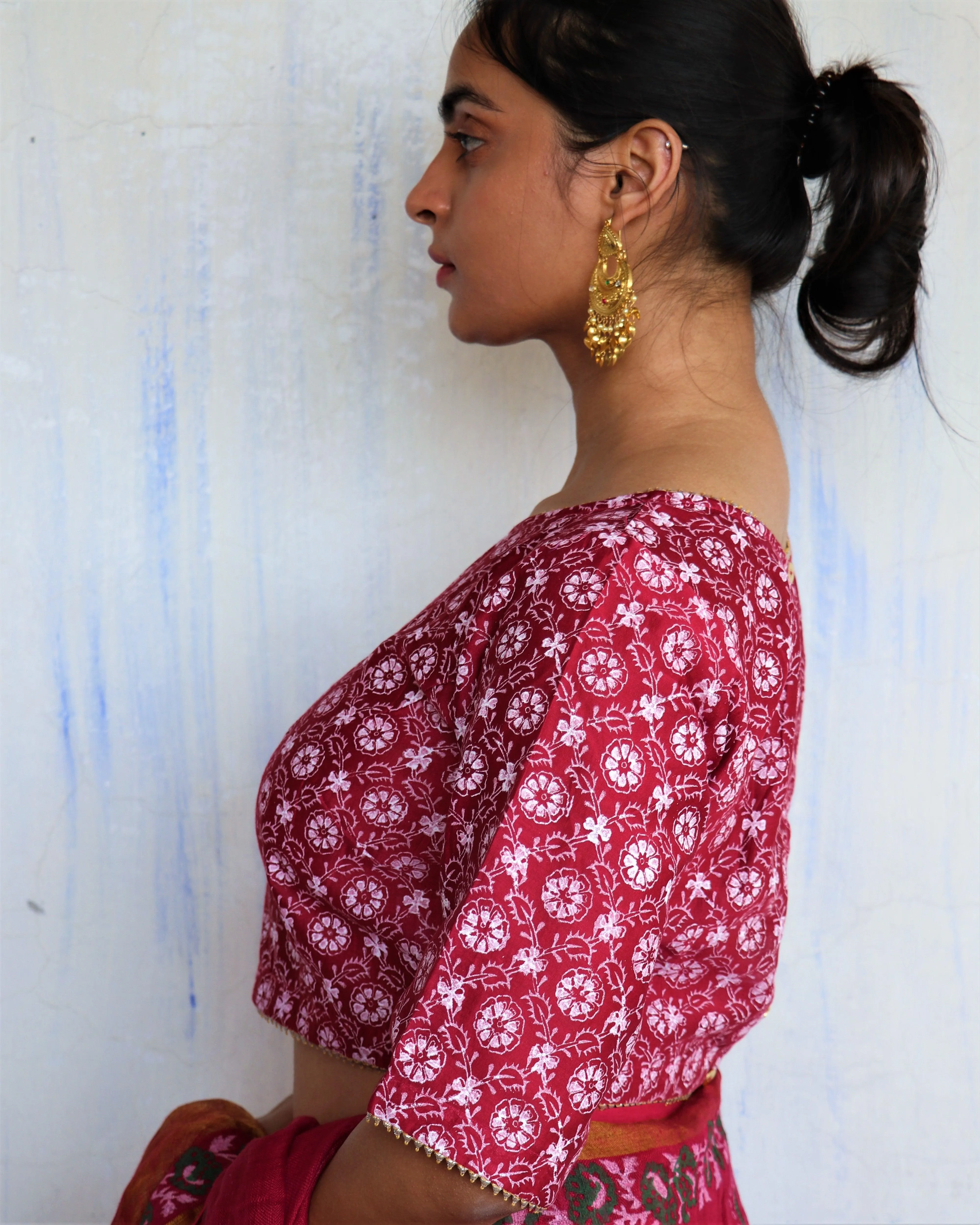 Red Floral Block Printed Chanderi Blouse-Soni