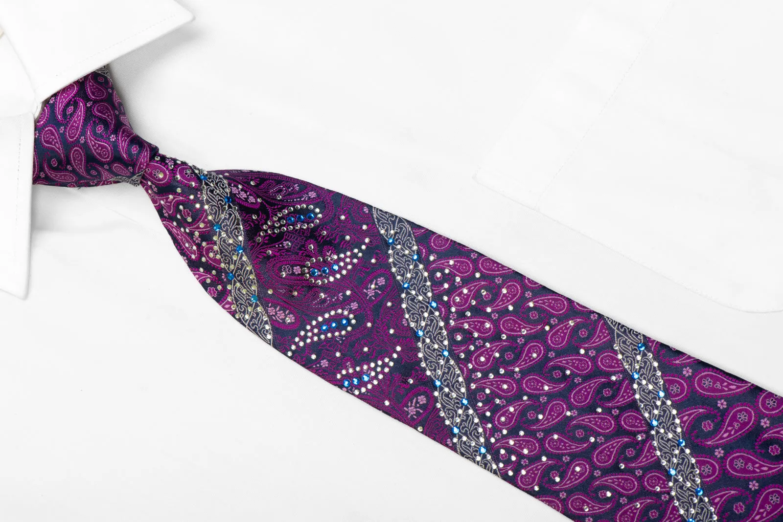 Remizio Rhinestone Silk Tie Purple Paisley On Navy