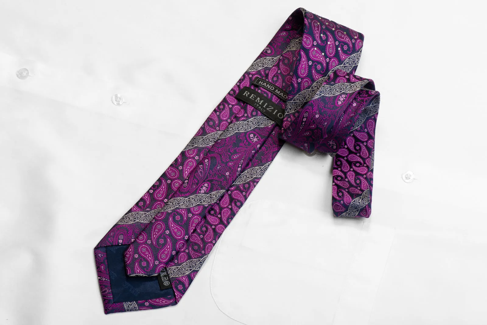 Remizio Rhinestone Silk Tie Purple Paisley On Navy