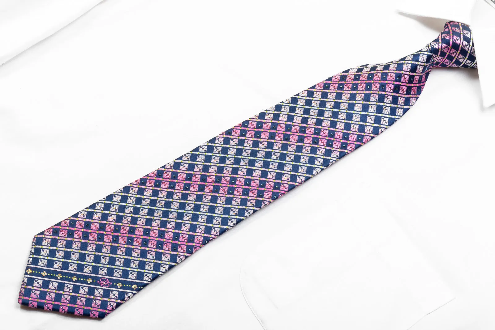 Renoma Men's Crystal Rhinestone Necktie Purple Pink Striped On Navy With Sparkles