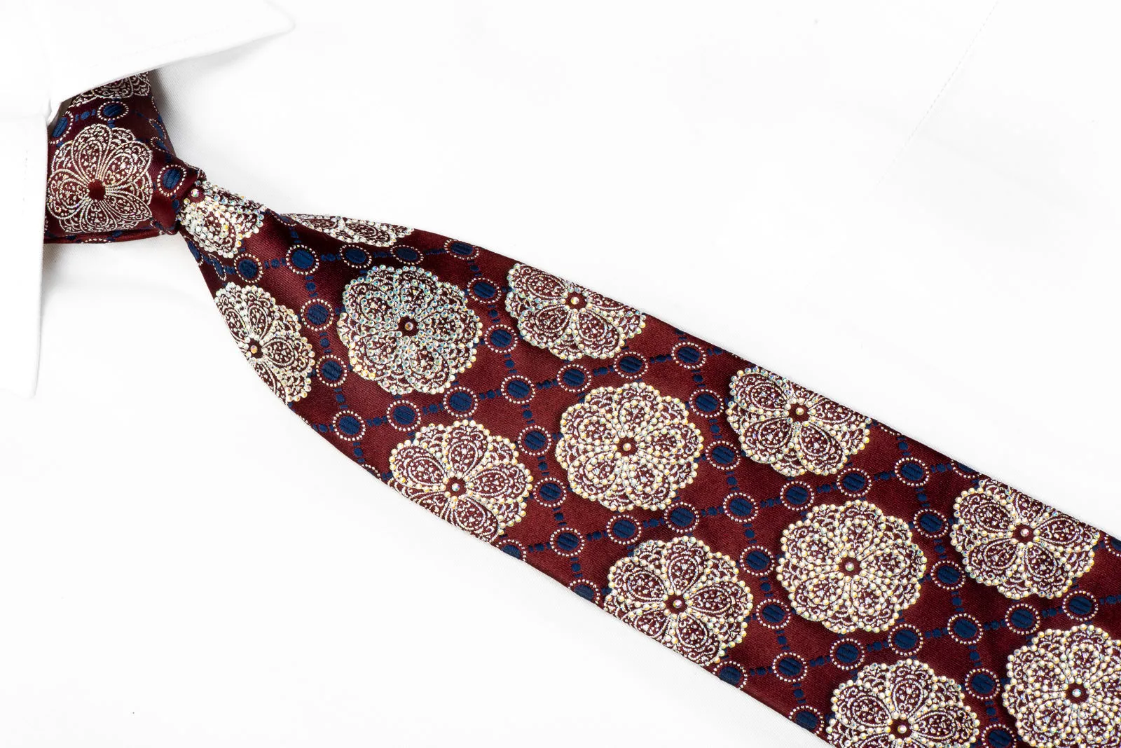 Renoma Rhinestone Tie Silver Medallions On Burgundy With Silver Sparkles