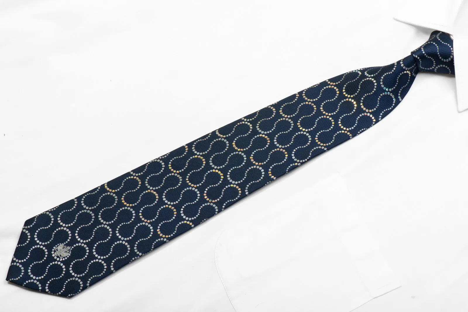 Renoma Silk Tie Silver Waves On Navy Sparkling With Rhinestones