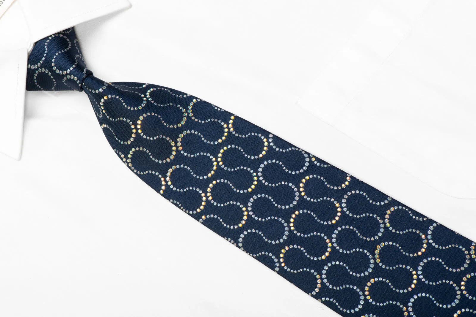 Renoma Silk Tie Silver Waves On Navy Sparkling With Rhinestones