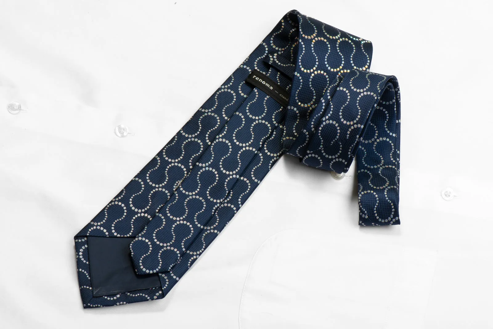 Renoma Silk Tie Silver Waves On Navy Sparkling With Rhinestones