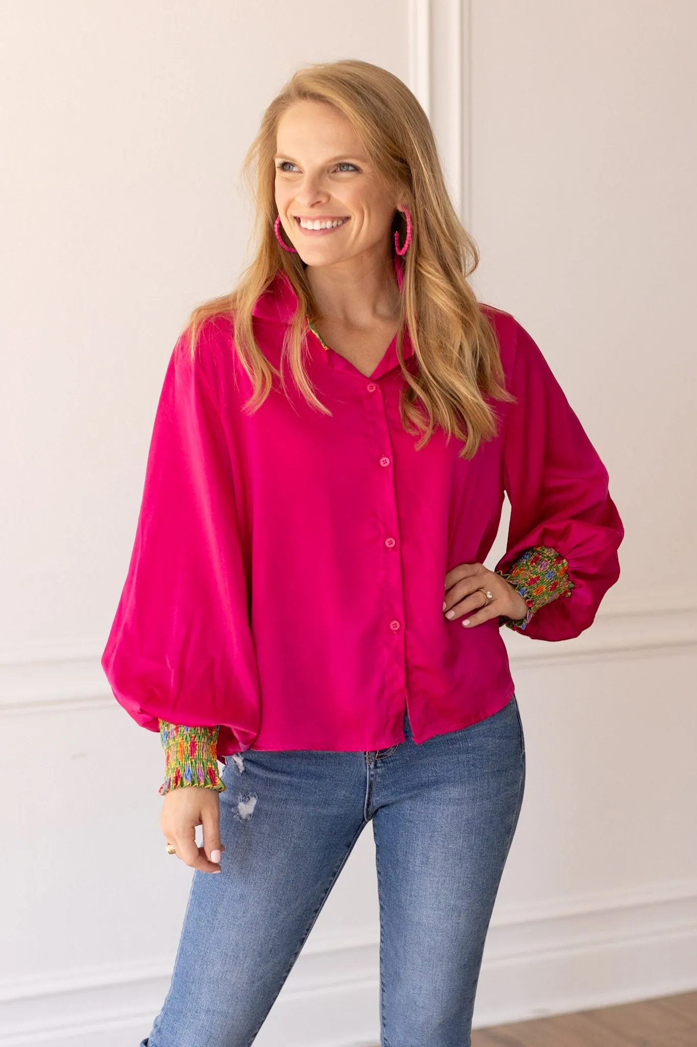 Retro Reverie Balloon-Sleeve Blouse in Fuchsia