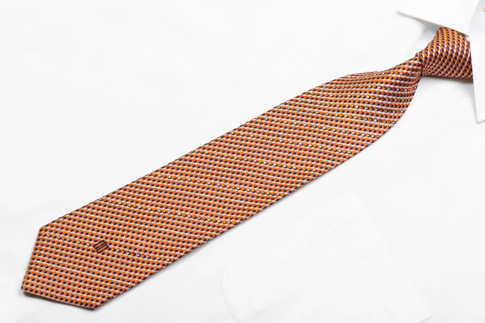 Rhinestone Silk Necktie Geometric On Orange With Red Sparkles