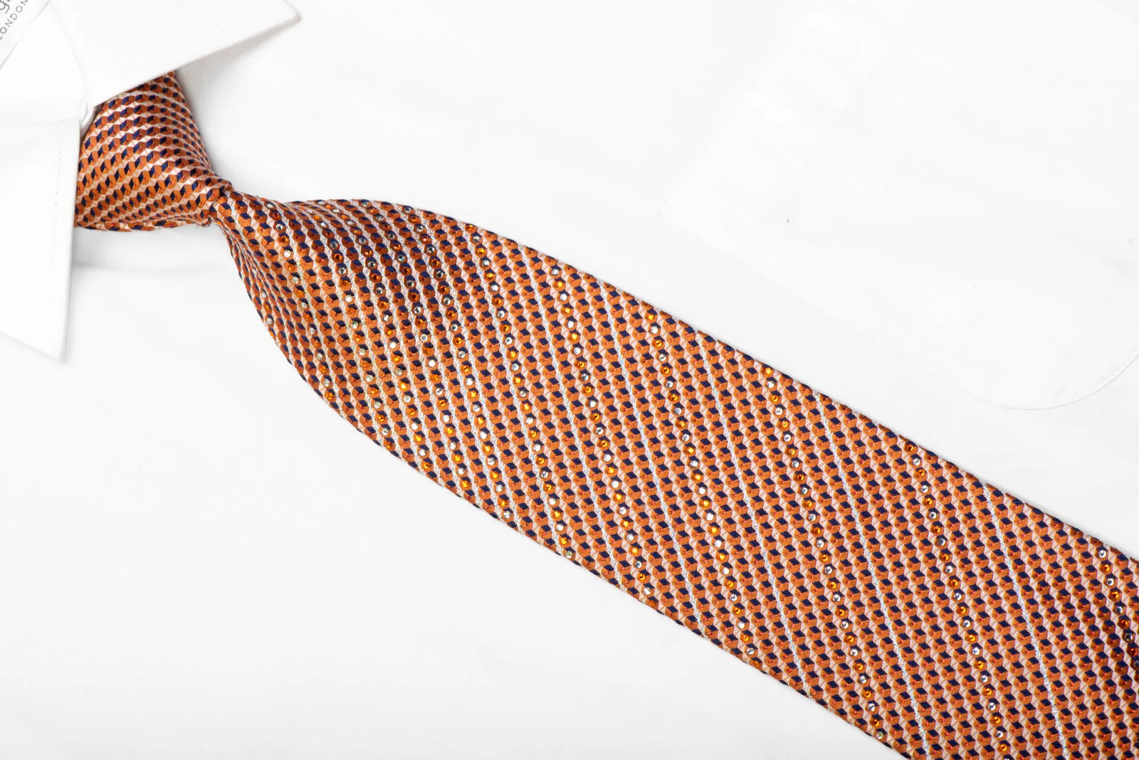 Rhinestone Silk Necktie Geometric On Orange With Red Sparkles