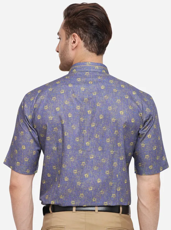 Royal Blue Printed Slim Fit Party Wear Shirt | JB Studio