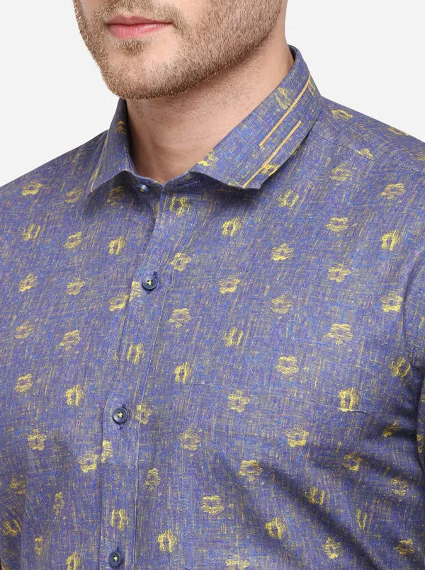 Royal Blue Printed Slim Fit Party Wear Shirt | JB Studio