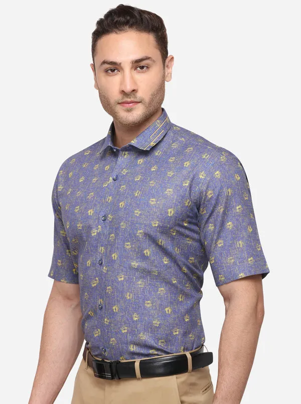 Royal Blue Printed Slim Fit Party Wear Shirt | JB Studio