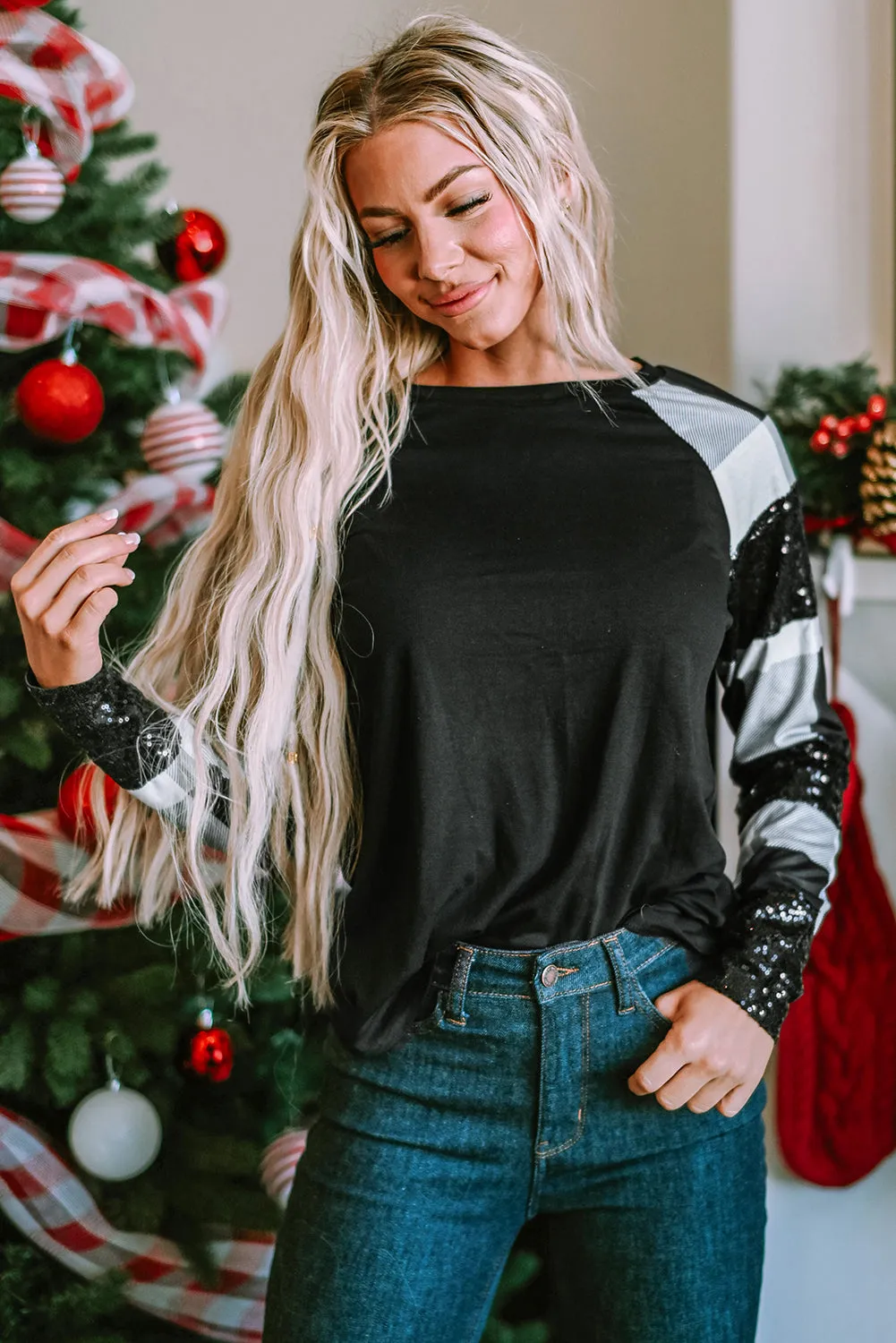 Sequin Plaid Raglan Sleeve Top