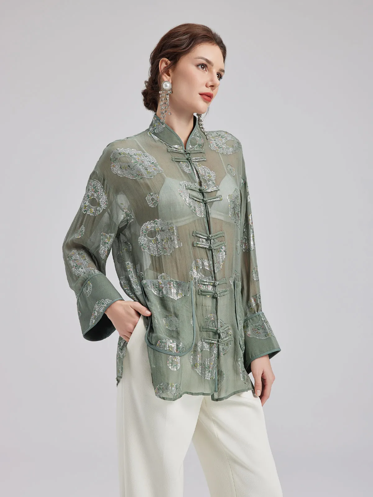 Silk Floral Embroidered Chinese Style Shirt