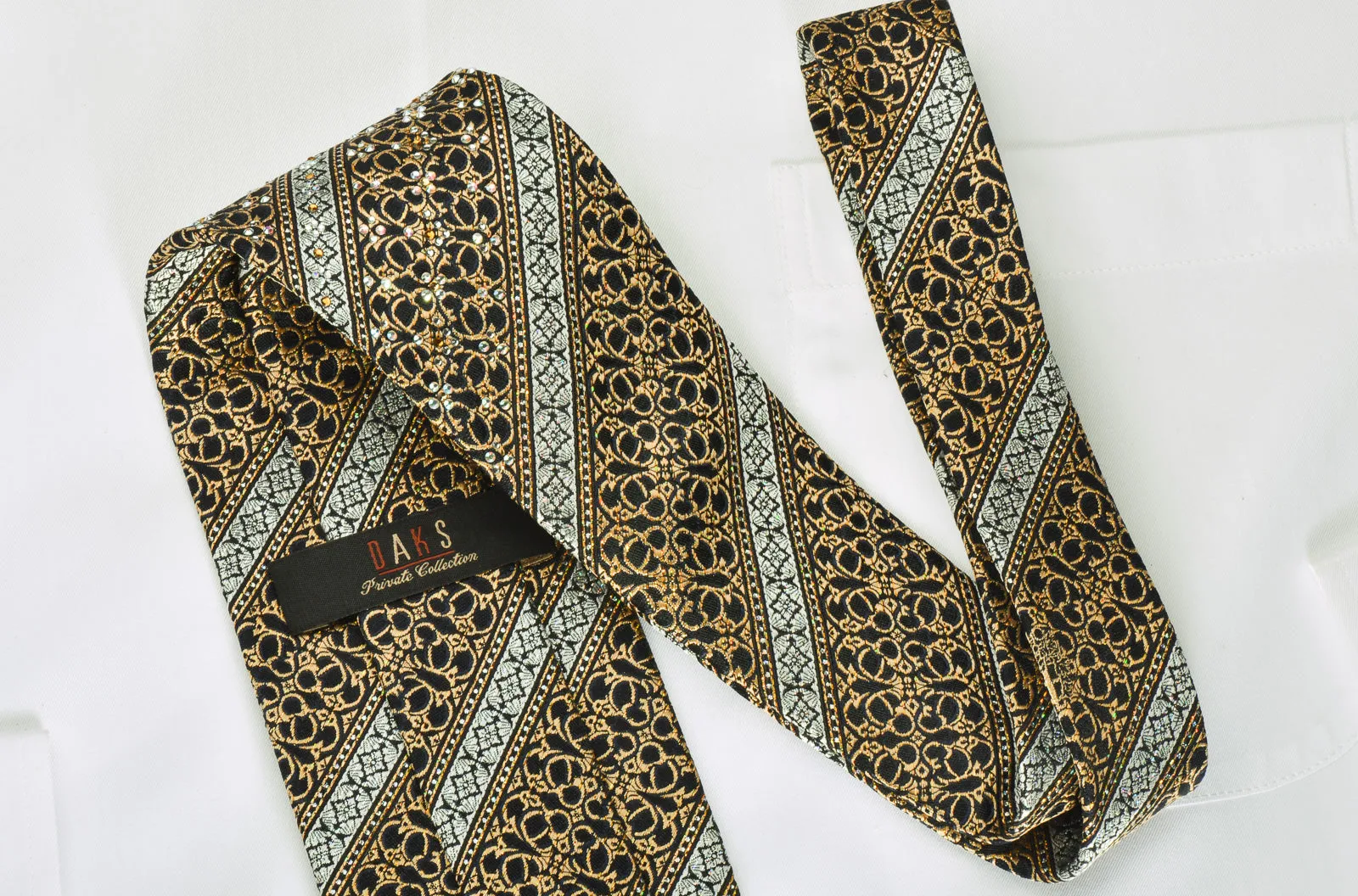 Silver Gold Striped On Black Rhinestone Silk Bling Necktie With Gold Sparkles